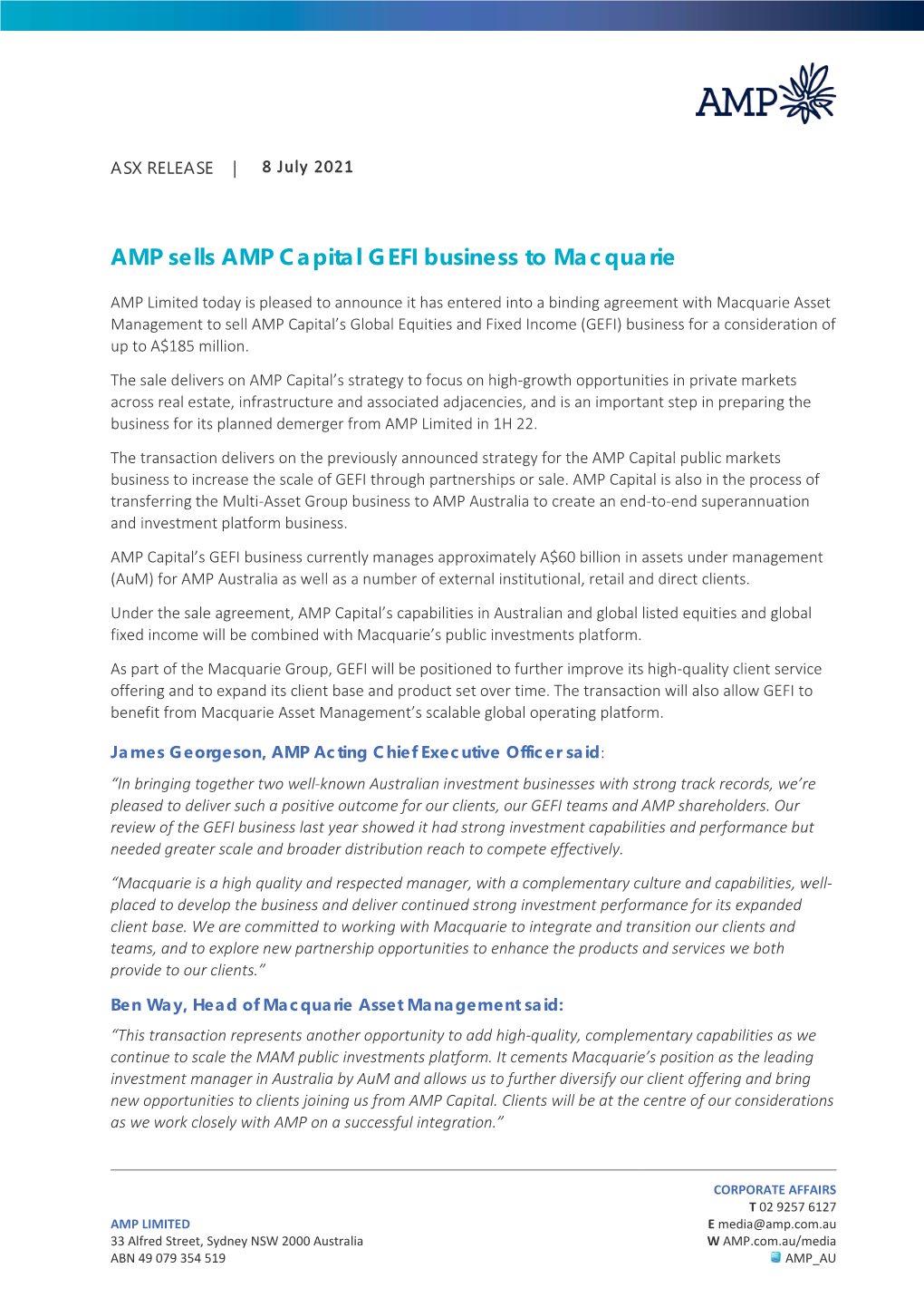 AMP Sells AMP Capital GEFI Business to Macquarie