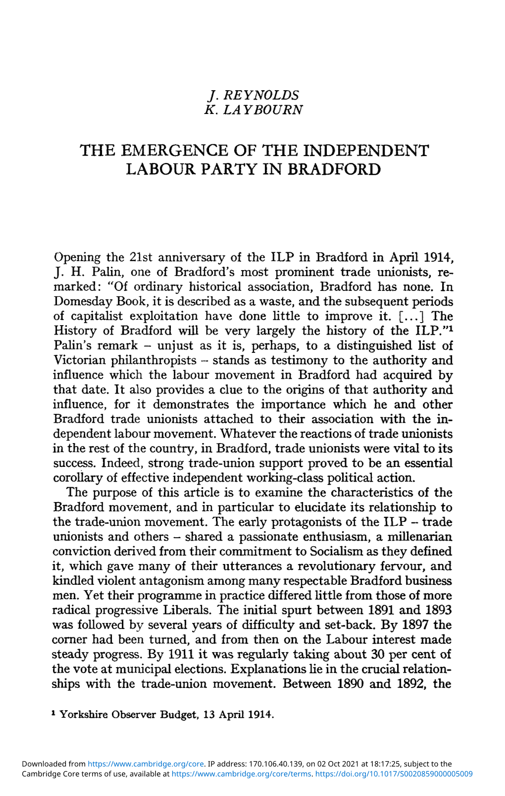 The Emergence of the Independent Labour Party in Bradford