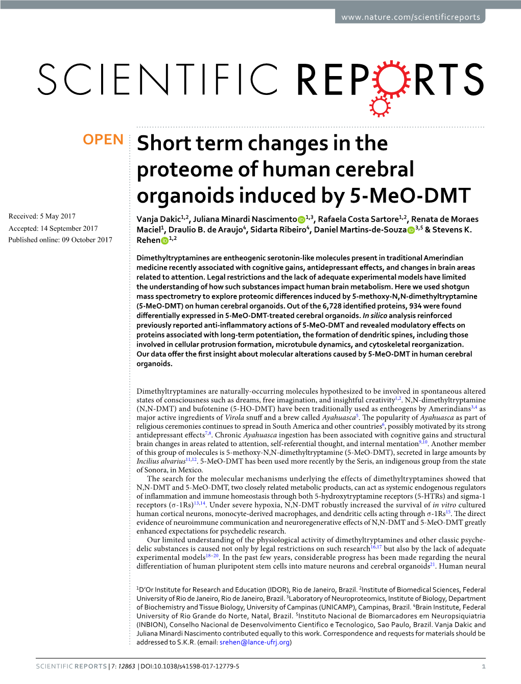 Short Term Changes in the Proteome of Human Cerebral Organoids Induced