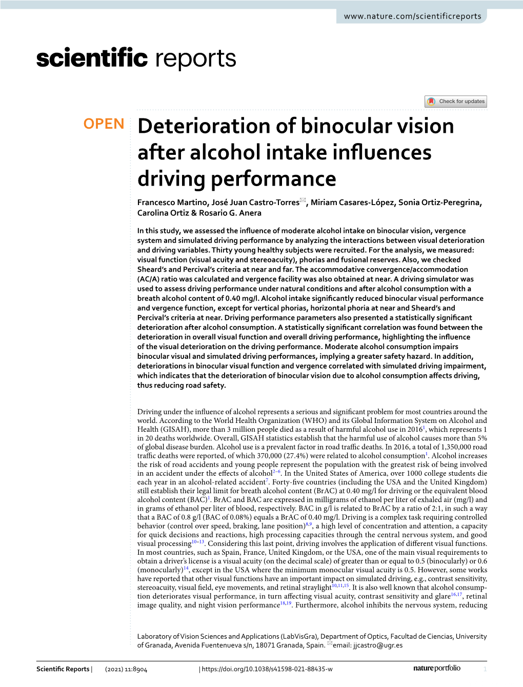 Deterioration of Binocular Vision After Alcohol Intake Influences Driving