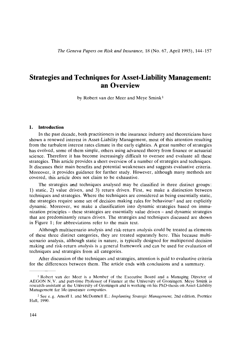 Strategies and Techniques for Asset-Liability Management: an Overview