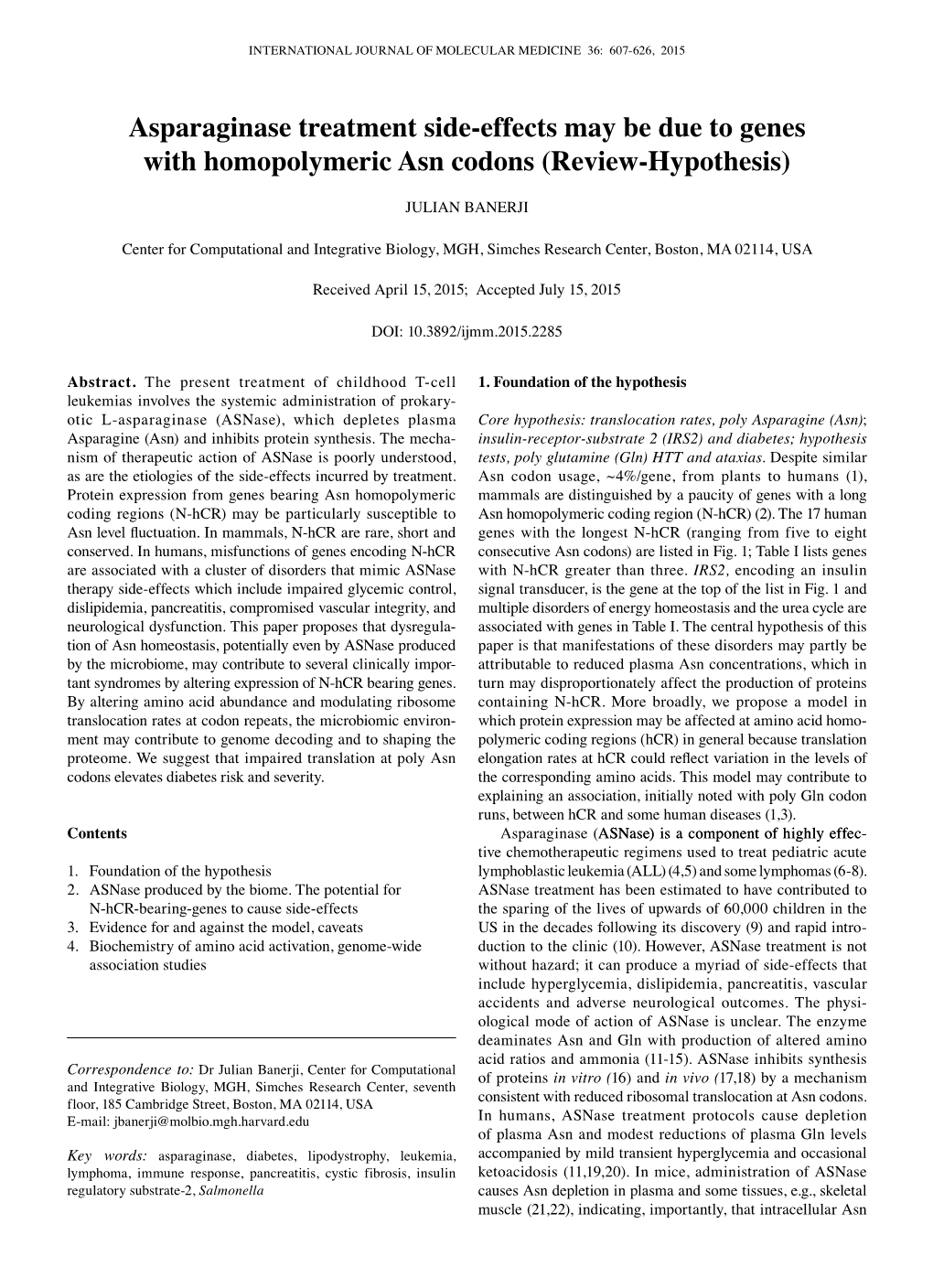 Asparaginase Treatment Side-Effects May Be Due to Genes with Homopolymeric Asn Codons (Review-Hypothesis)