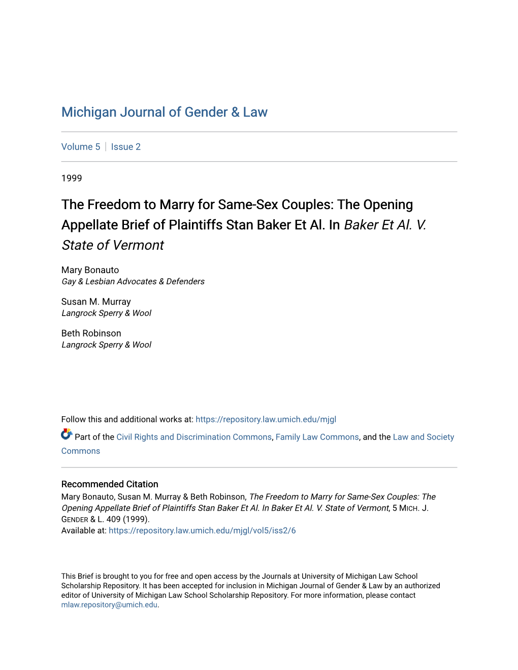 The Freedom to Marry for Same-Sex Couples: the Opening Appellate Brief of Plaintiffs Stan Baker Et Al