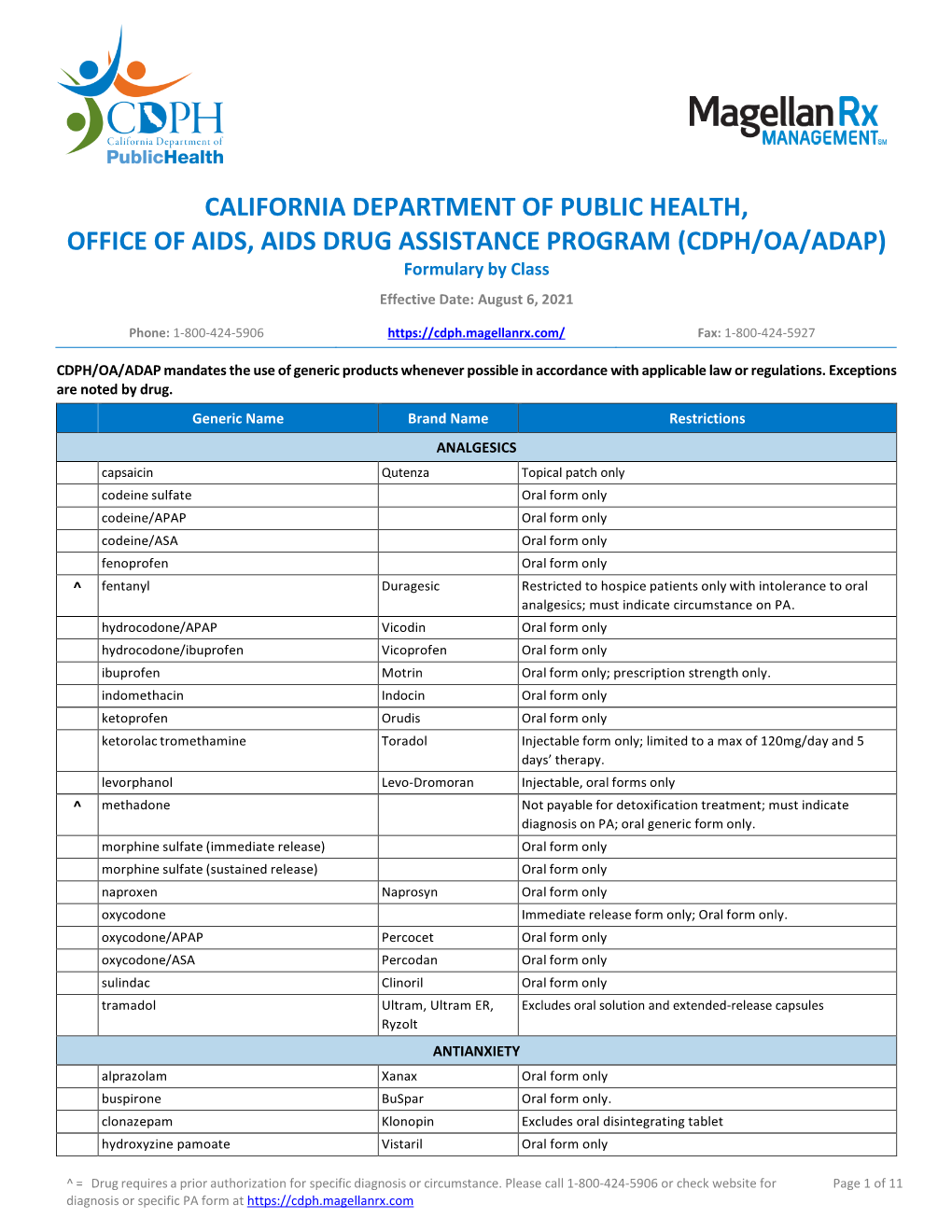 California Department of Public Health ADAP Formulary