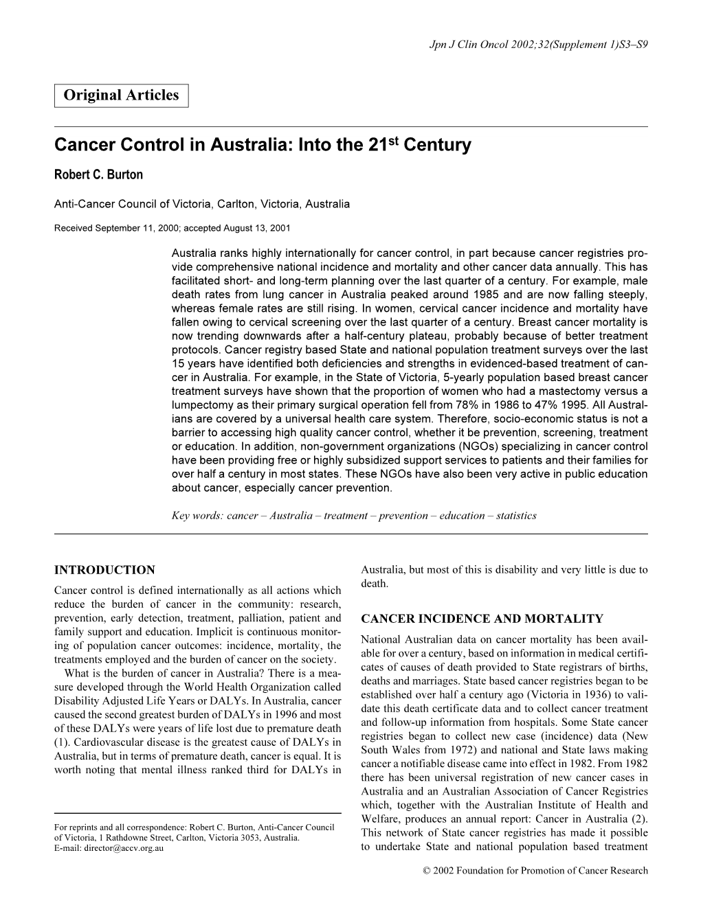 Cancer Control in Australia: Into the 21St Century
