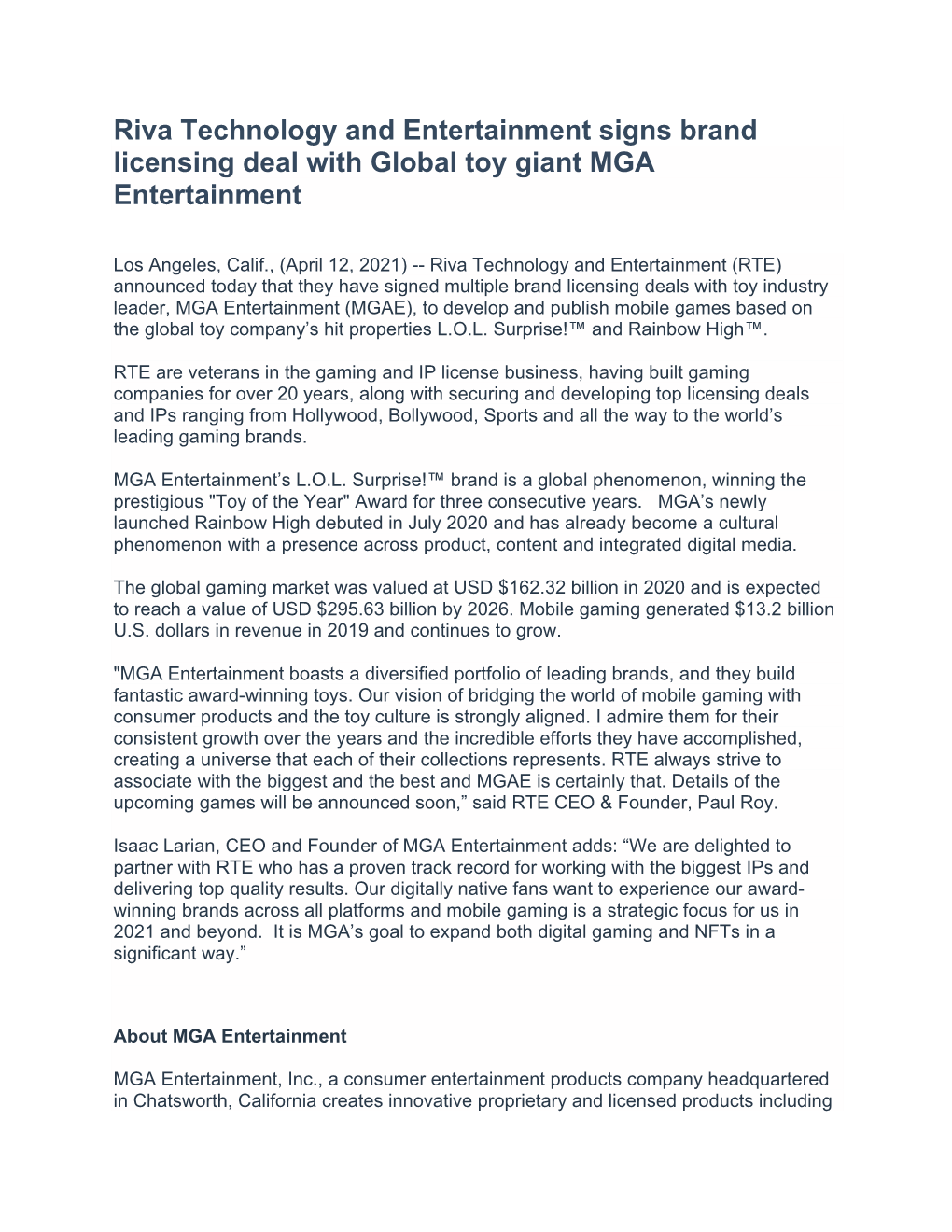 Riva Technology and Entertainment Signs Brand Licensing Deal with Global Toy Giant MGA Entertainment