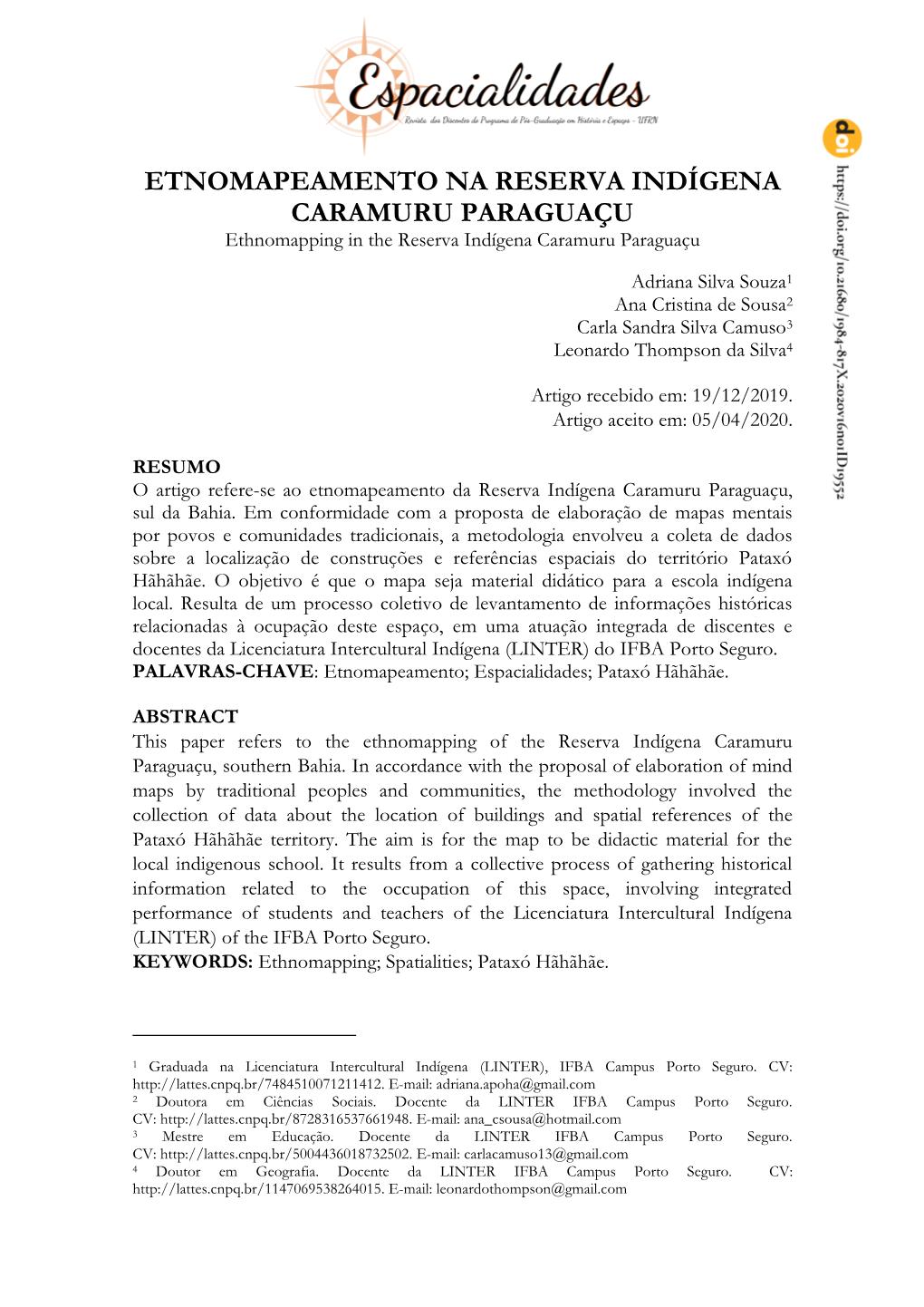 ETNOMAPEAMENTO NA RESERVA INDÍGENA CARAMURU PARAGUAÇU Ethnomapping in the Reserva Indígena Caramuru Paraguaçu