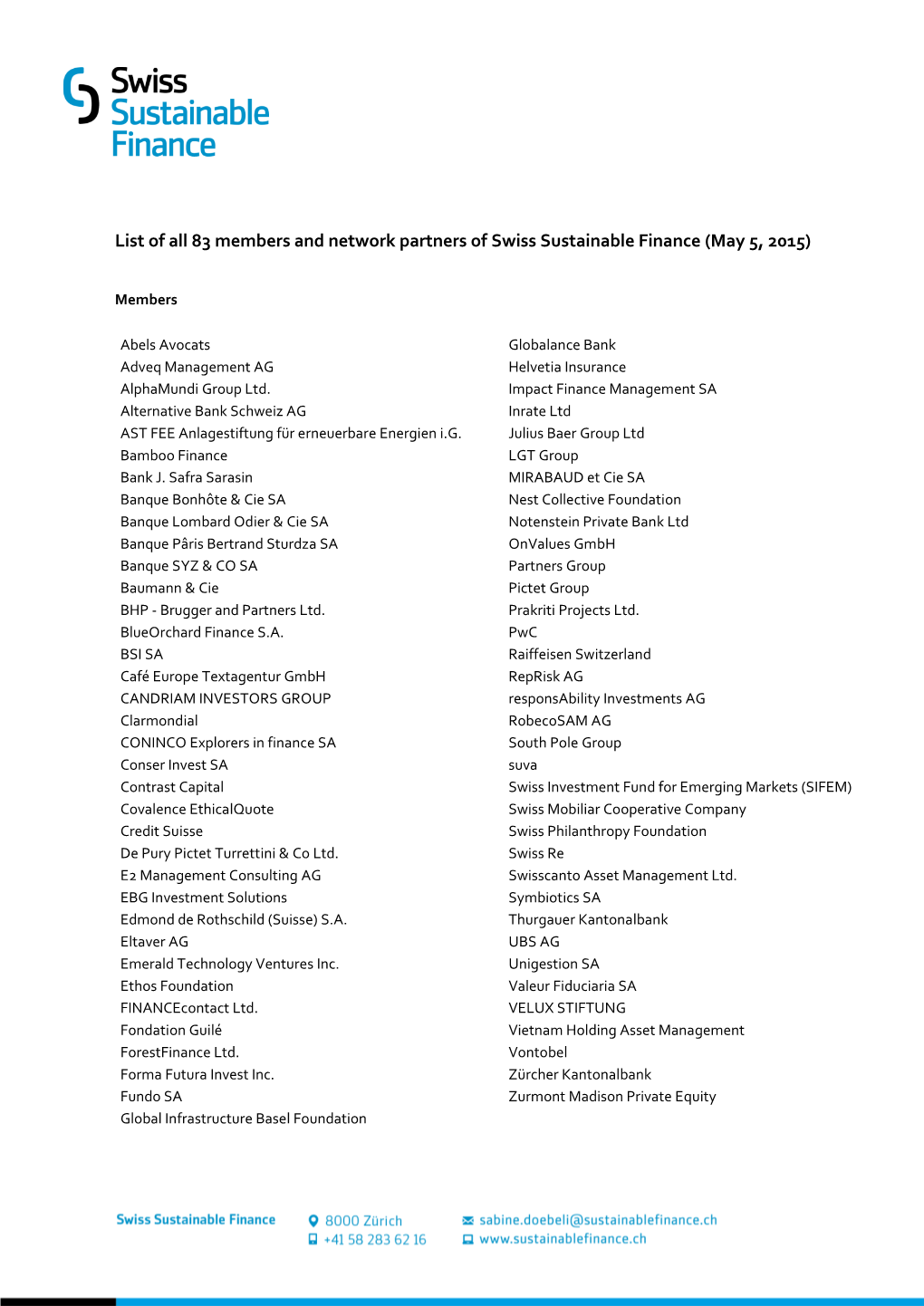 List of All 83 Members and Network Partners of Swiss Sustainable Finance (May 5, 2015)