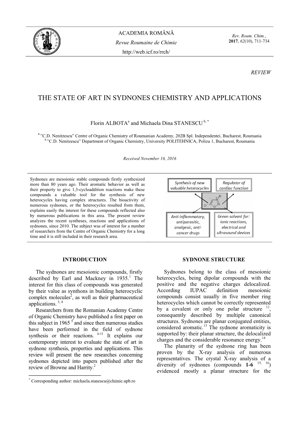 The State of Art in Sydnones Chemistry and Applications