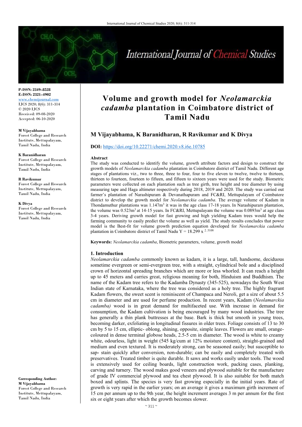 Volume and Growth Model for Neolamarckia Cadamba Plantation