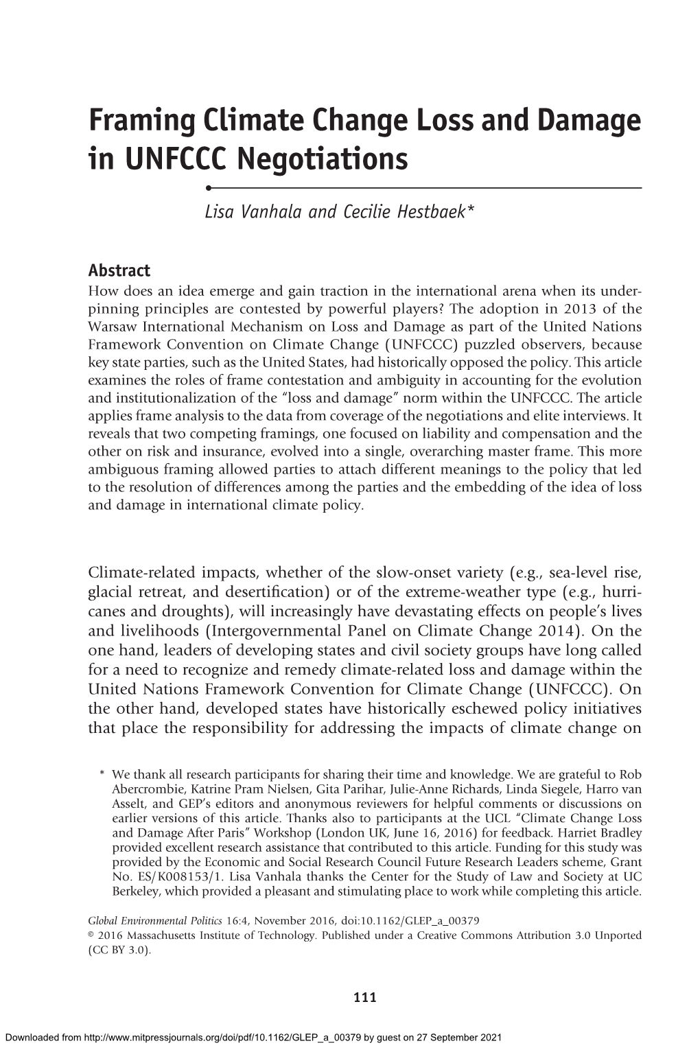 Framing Climate Change Loss and Damage in UNFCCC Negotiations • Lisa Vanhala and Cecilie Hestbaek*