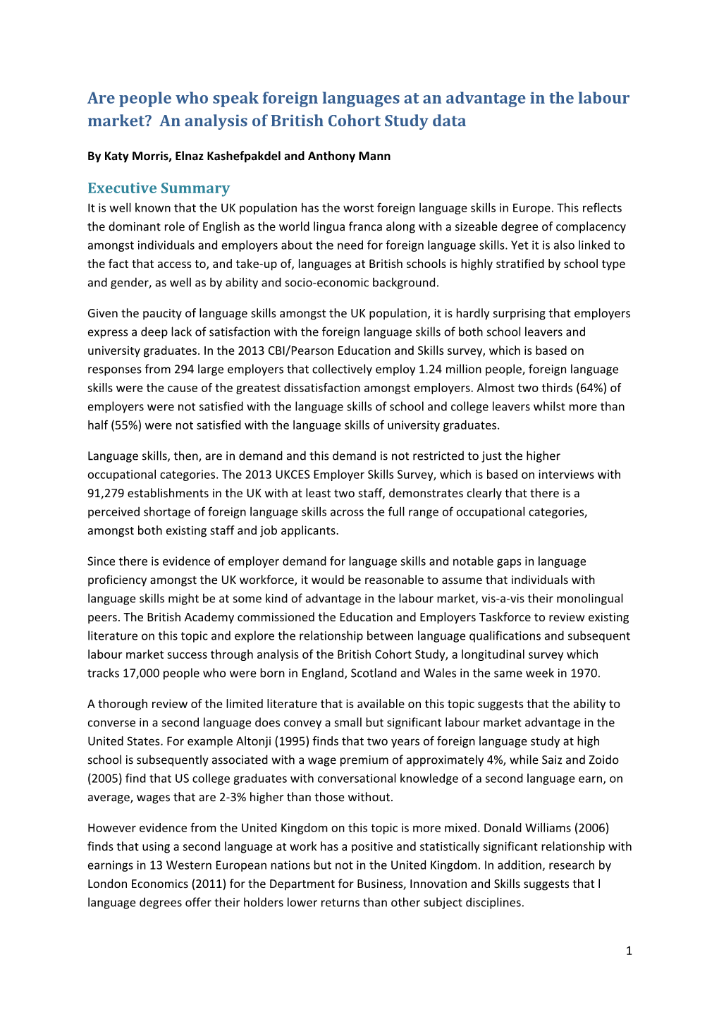 Are People Who Speak Foreign Languages at an Advantage in the Labour Market? an Analysis of British Cohort Study Data