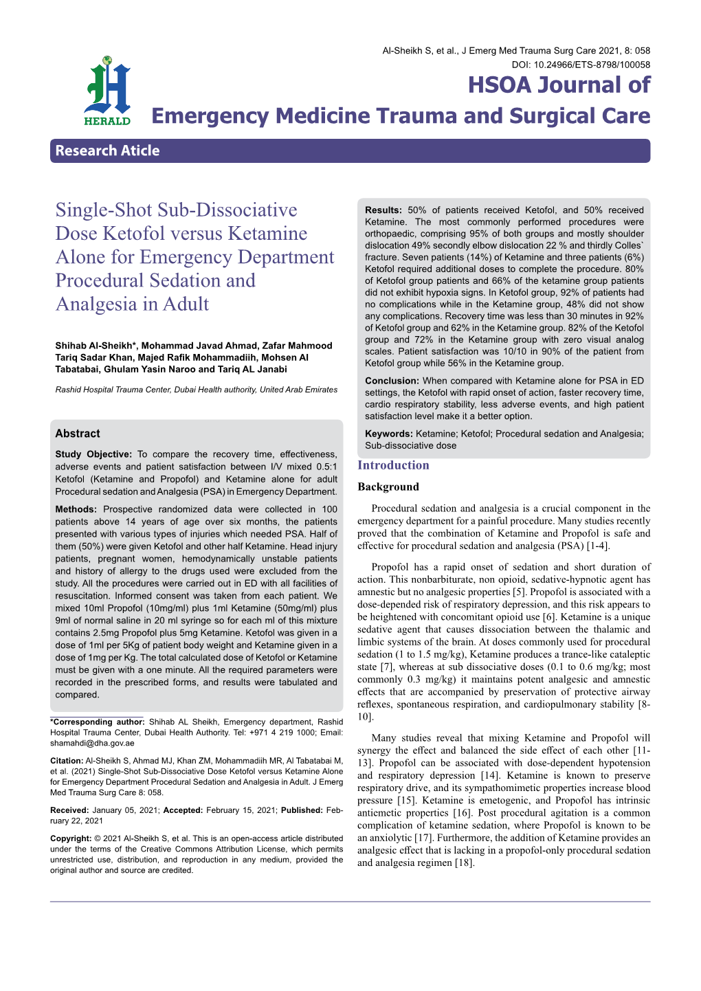 Single-Shot Sub-Dissociative Dose Ketofol Versus Ketamine Alone for Emergency Department Procedural Sedation and Analgesia in Adult