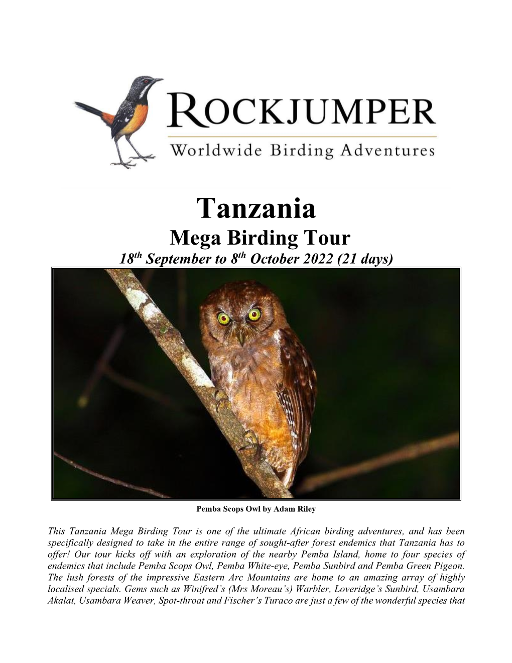 Tanzania Mega Birding Tour 18Th September to 8Th October 2022 (21 Days)