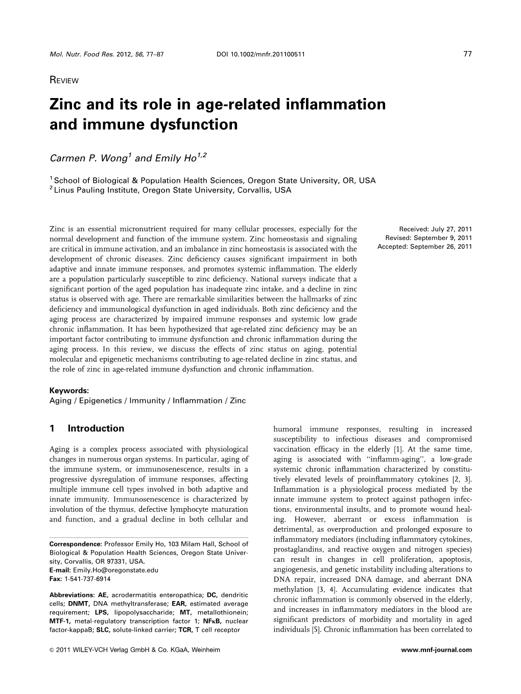 Zinc and Its Role in Agerelated Inflammation and Immune Dysfunction