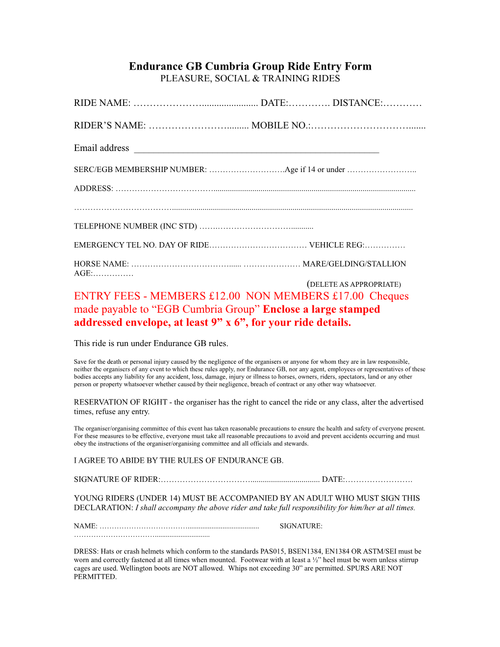 Endurance GB Cumbria Group Ride Entry Form