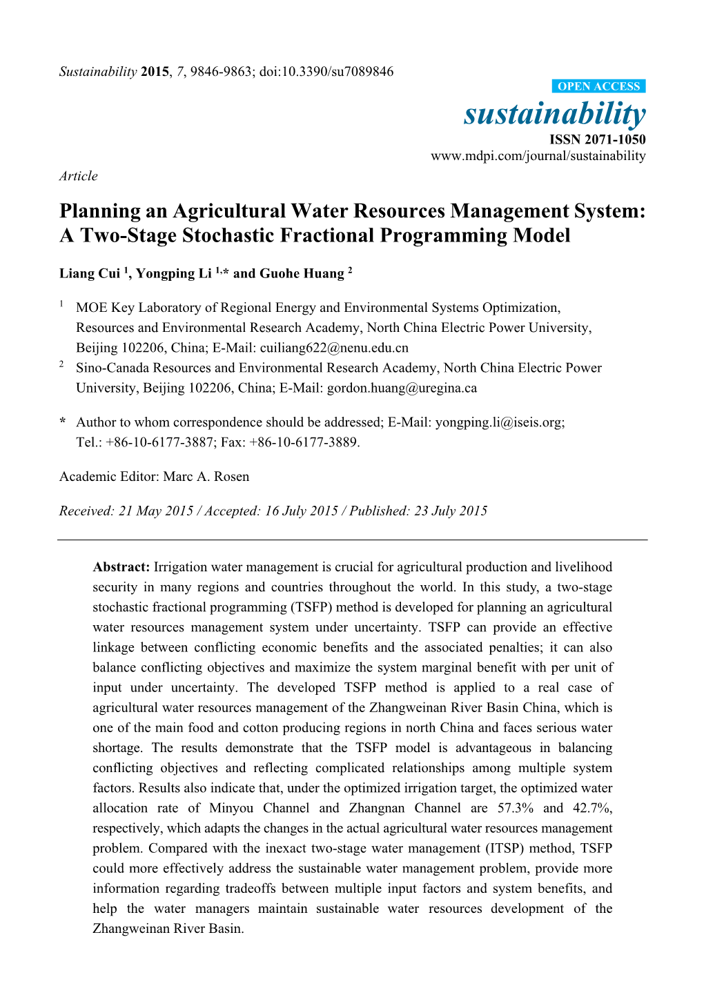 Planning an Agricultural Water Resources Management System: a Two-Stage Stochastic Fractional Programming Model