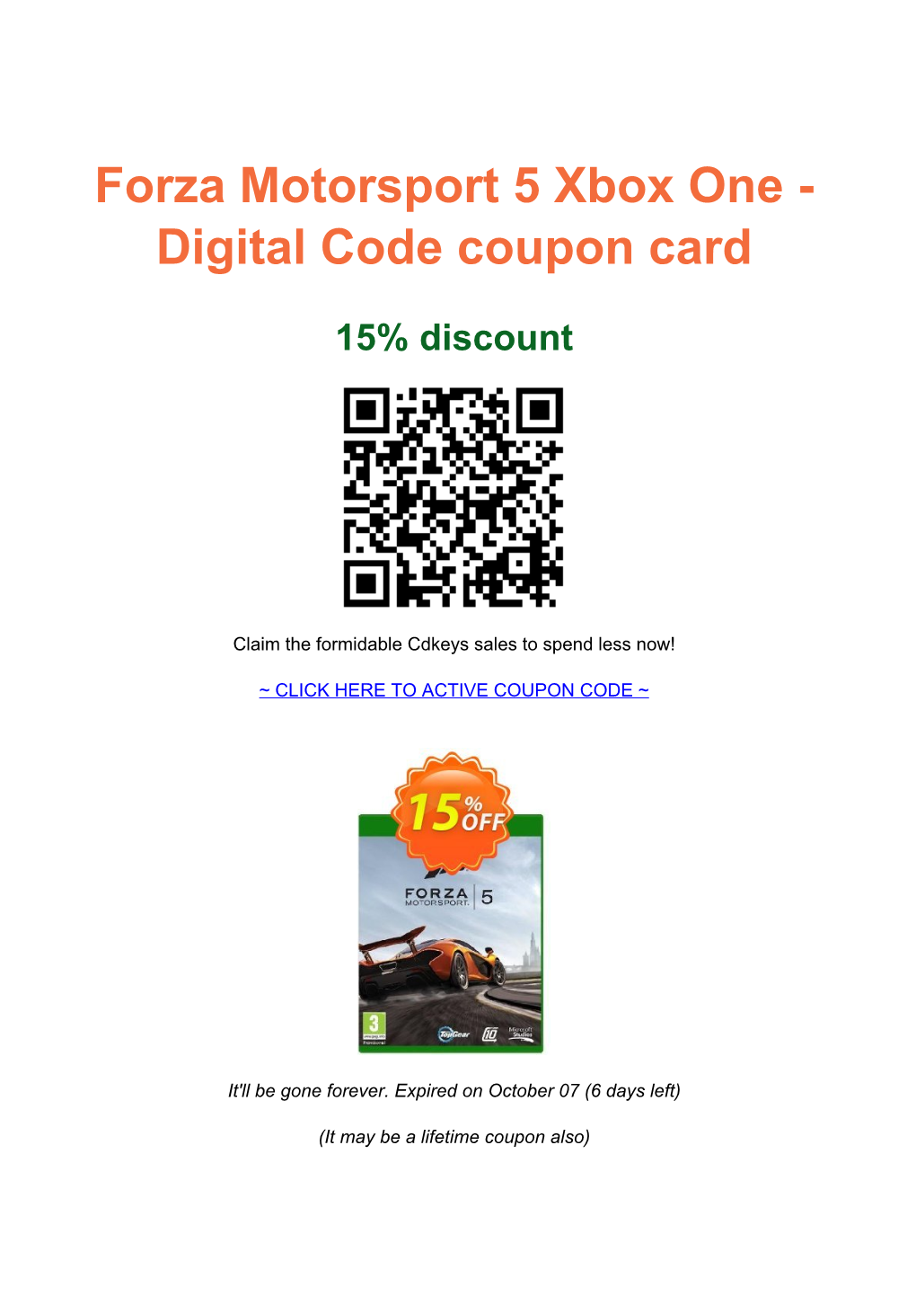 Forza Motorsport 5 Xbox One - Digital Code Coupon Card