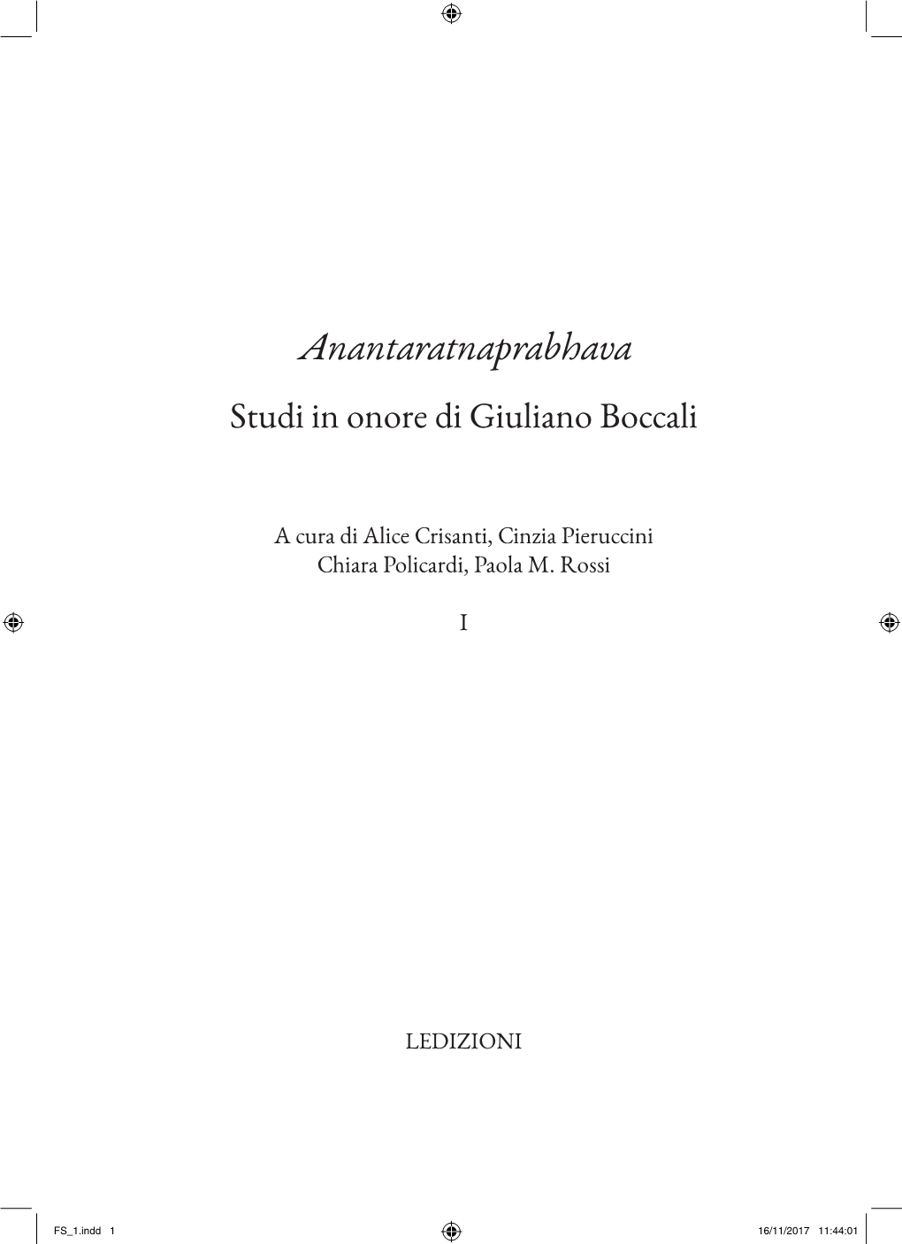 Anantaratnaprabhava Studi in Onore Di Giuliano Boccali