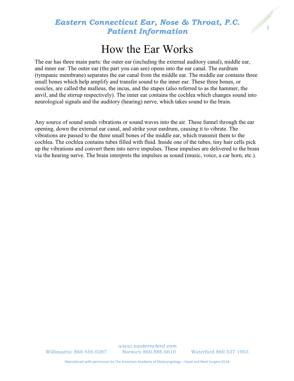 How the Ear Works the Ear Has Three Main Parts: the Outer Ear (Including the External Auditory Canal), Middle Ear, and Inner Ear