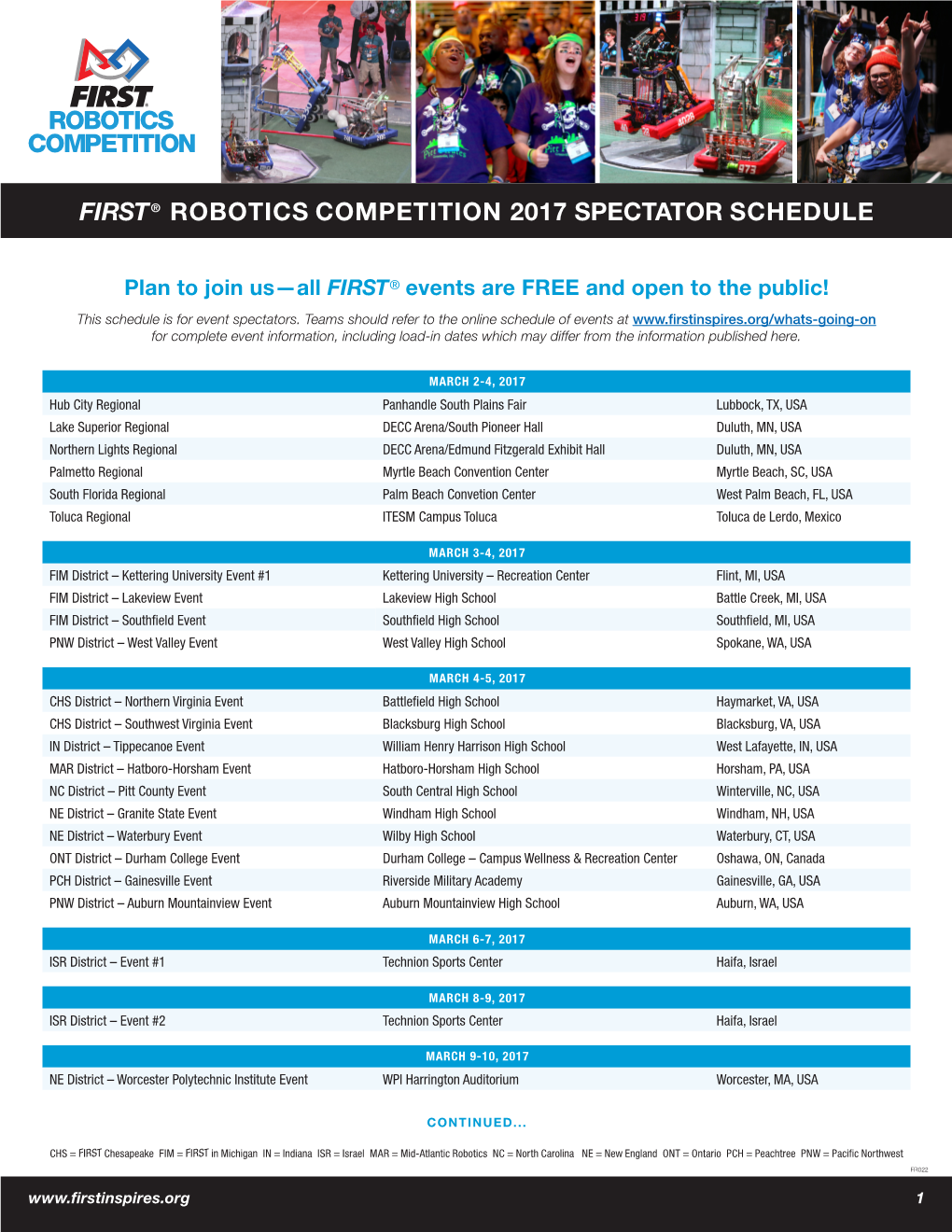 First® Robotics Competition 2017 Spectator Schedule