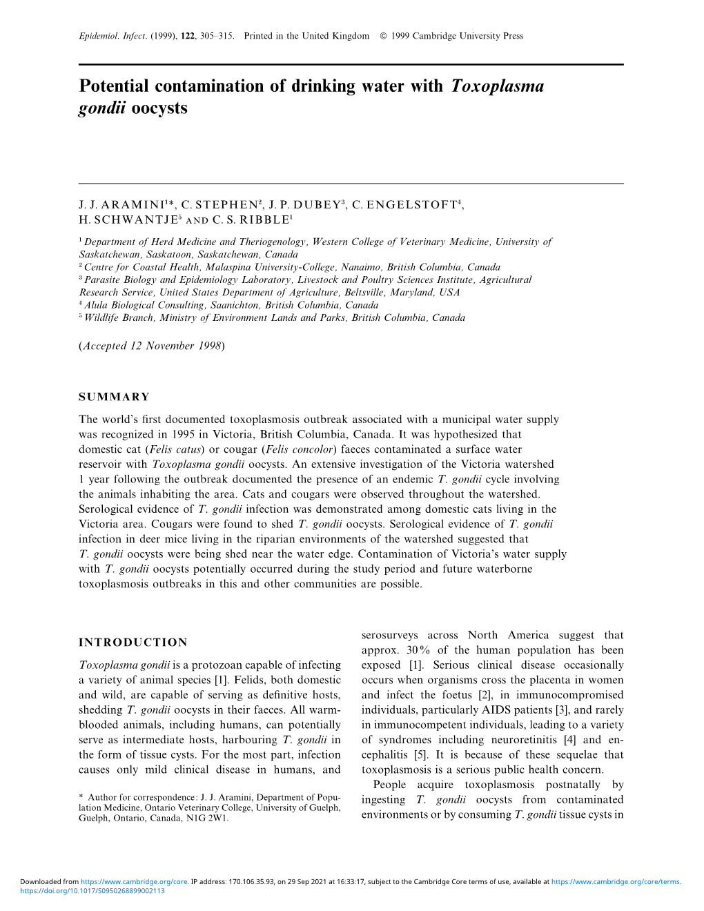 Potential Contamination of Drinking Water with Toxoplasma Gondii Oocysts