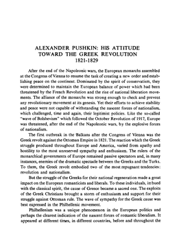 Alexander Pushkin: His Attitude Toward the Greek Revolution 1821-1829