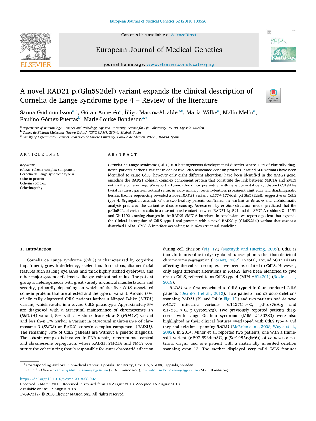 A Novel RAD21 P.(Gln592del) Variant Expands the Clinical Description of Cornelia De Lange Syndrome Type 4