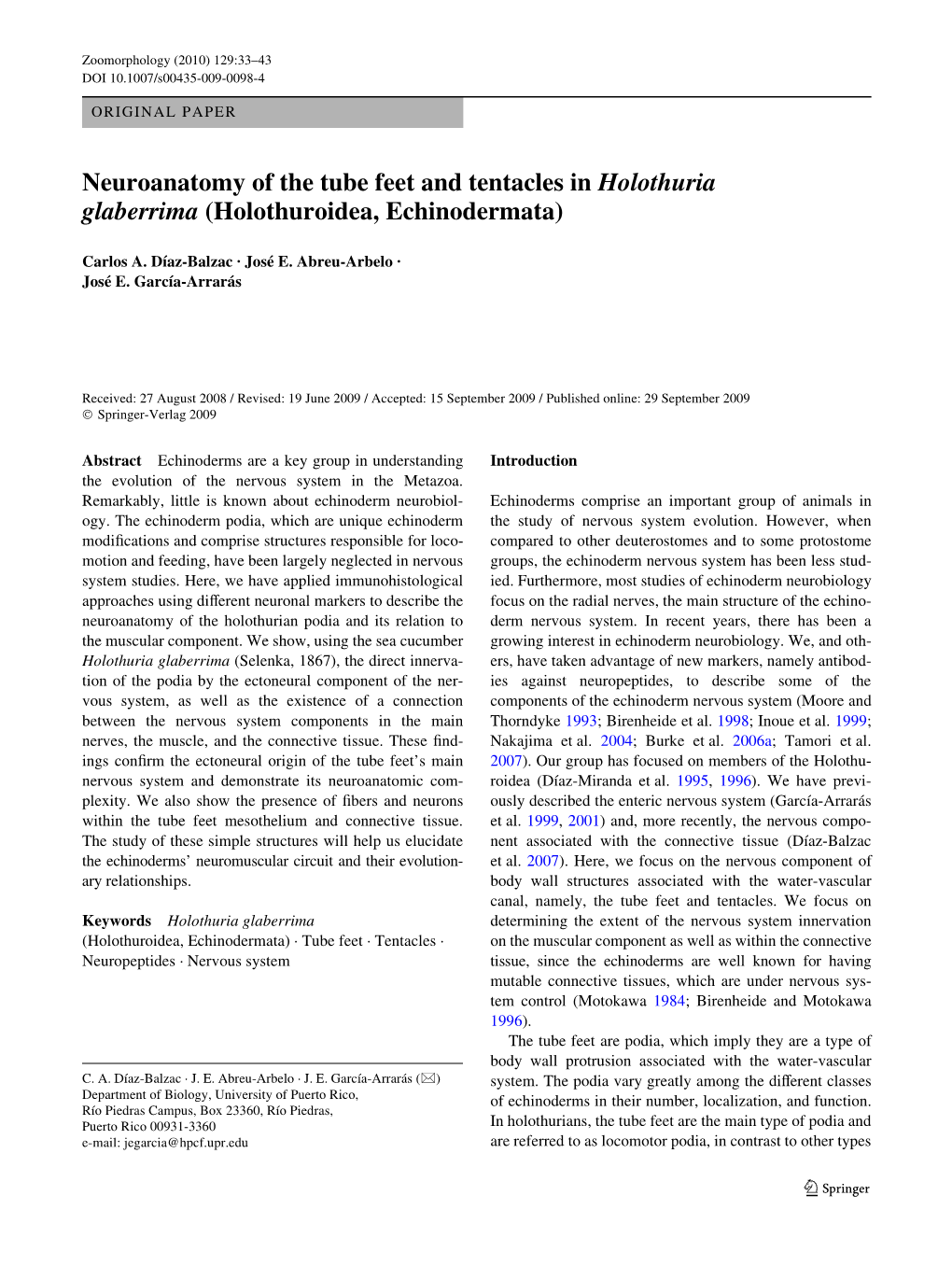 Neuroanatomy of the Tube Feet and Tentacles in Holothuria Glaberrima (Holothuroidea, Echinodermata)