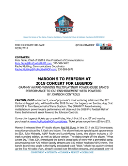 Maroon 5 to Perform at 2018 Concert for Legends Grammy Award-Winning Multiplatinum Powerhouse Band’S Performance to Cap Enshrinement Week Powered by Johnson Controls