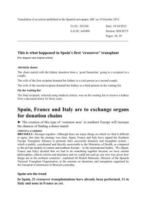 Spain, France and Italy Are to Exchange Organs for Donation Chains