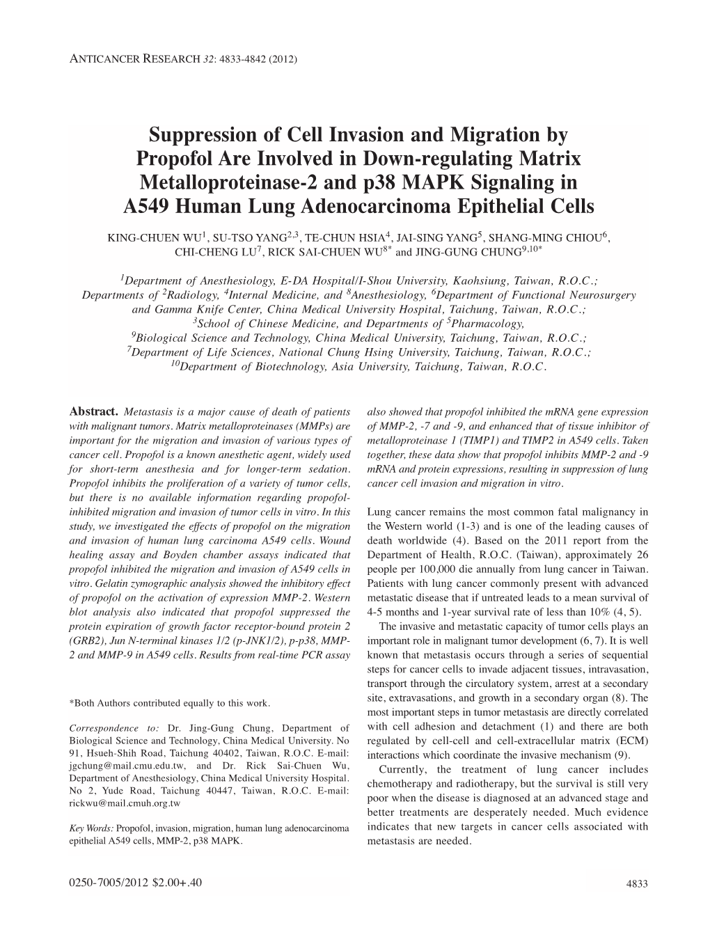 Suppression of Cell Invasion and Migration by Propofol Are Involved