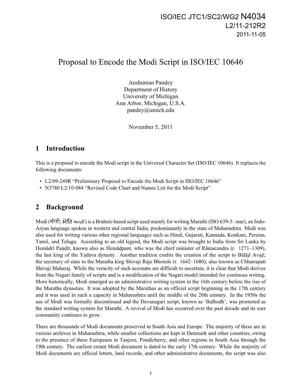N4034 Proposal to Encode the Modi Script in ISO/IEC 10646