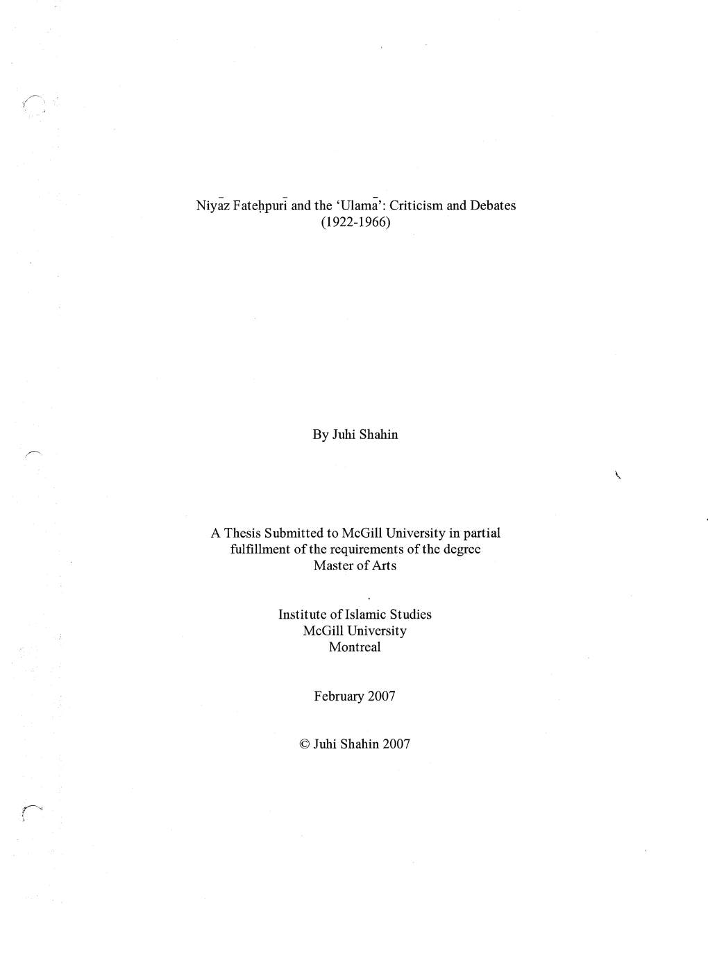 Niyaz Fakllpuri and the 'Ulama': Criticism and Debates ( 1922-1966)