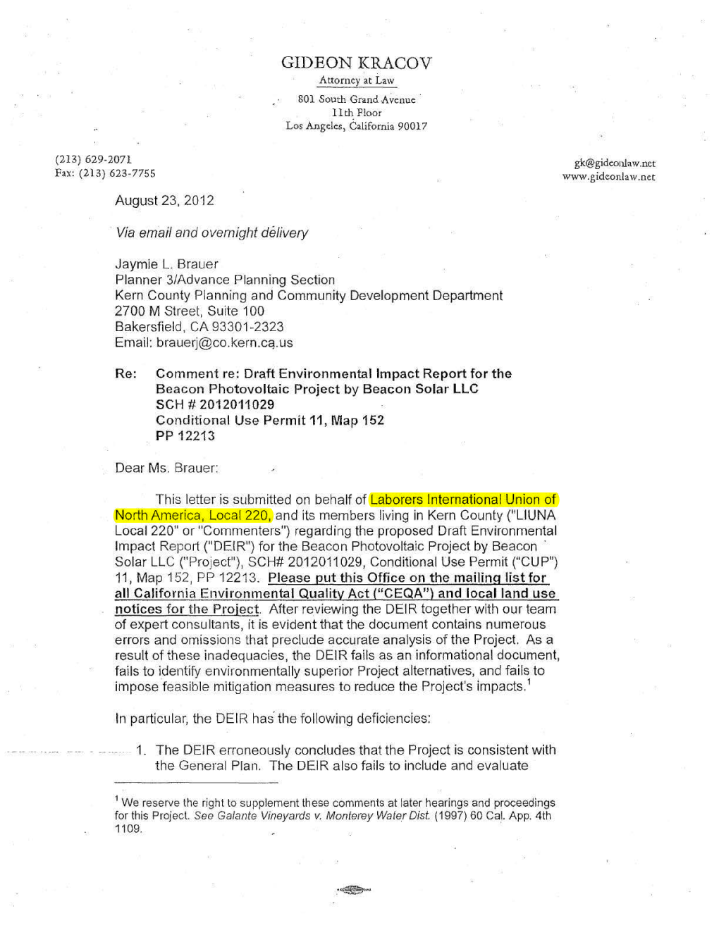 Kern County Planning and Community Development Department 2700 M Street, Suite 100 Bakersfield, CA 93301-2323 Email: Brauerj@Co.Kern.Cq.US