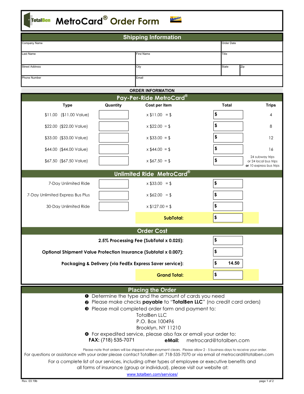 Metrocard Order Form