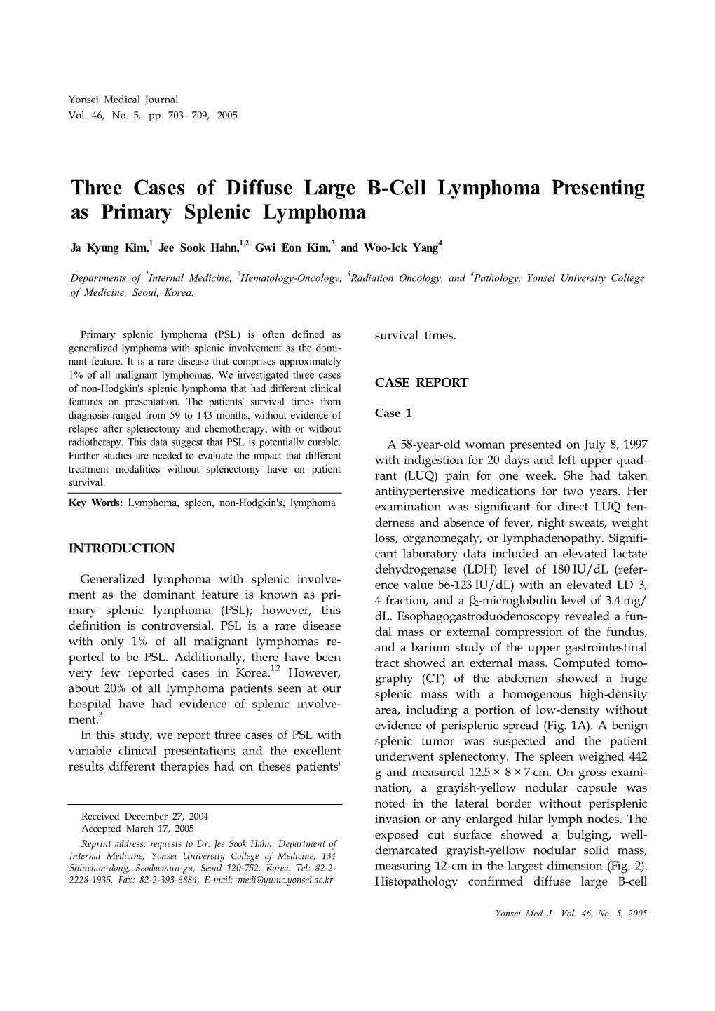 Three Cases of Diffuse Large B-Cell Lymphoma Presenting As Primary Splenic Lymphoma