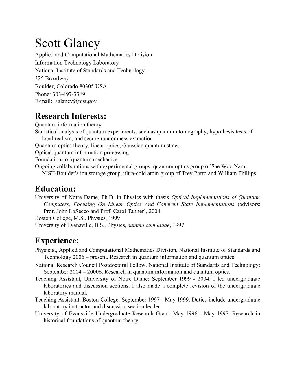 Scott Glancy's Curriculum Vitae