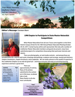 Texas Master Naturalist Lindheimer Chapter Fall 2017 Newsletter July, August, September