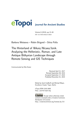 The Hinterland of Nikaia/Nicaea/Iznik. Analyzing the Hellenistic, Roman, and Late Antique Bithynian Landscape Through Remote Sensing and GIS Techniques
