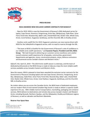 Press Release Neas Awarded New Exclusive Carrier Contracts for Nunavut