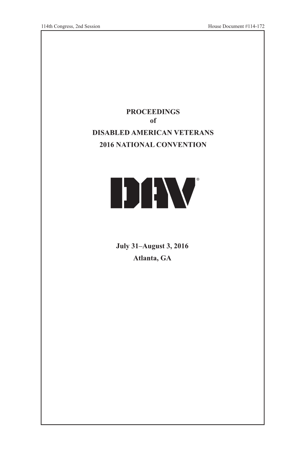 PROCEEDINGS of DISABLED AMERICAN VETERANS 2016 NATIONAL CONVENTION