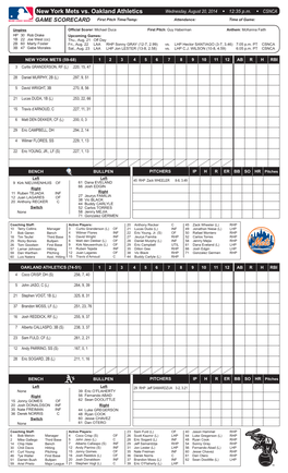 New York Mets Vs. Oakland Athletics Wednesday, August 20, 2014 W 12:35 P.M