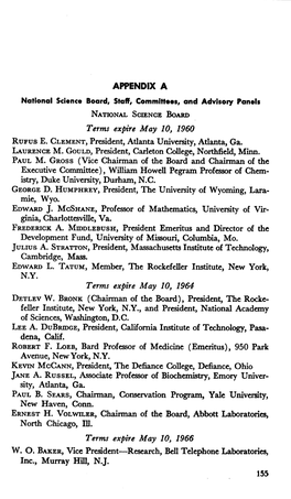 A,Ppendlx a NATIONAL SCIENCE BOARD Terms Expire May 10, 1960 RUFUS E. CLEMENT, President, Atlanta University, Atlanta, Ga. LAURE