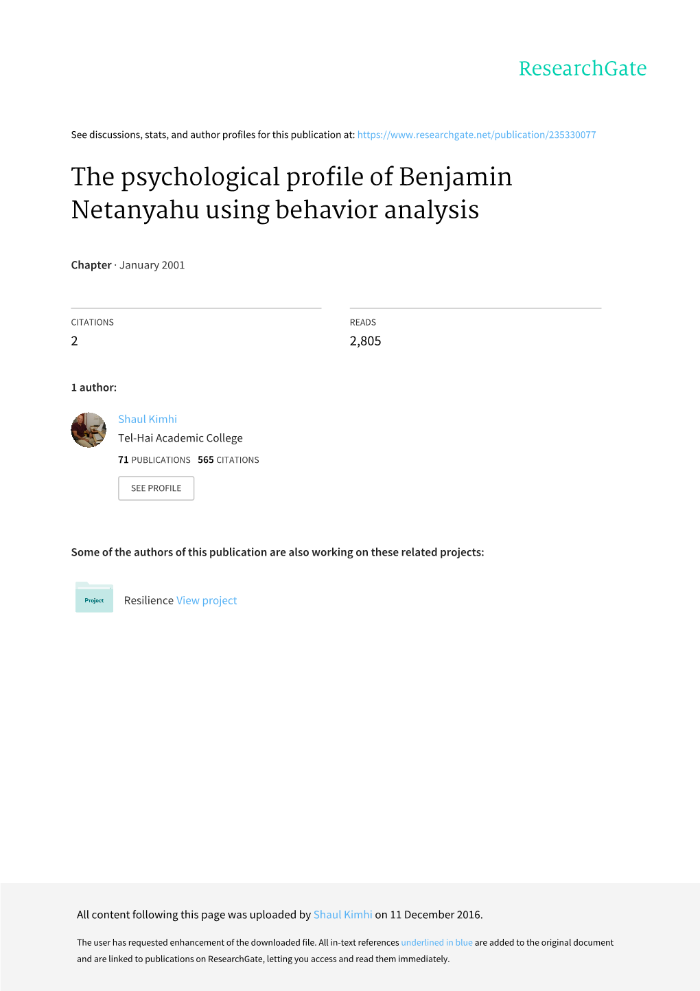 The Psychological Profile of Benjamin Netanyahu Using Behavior Analysis