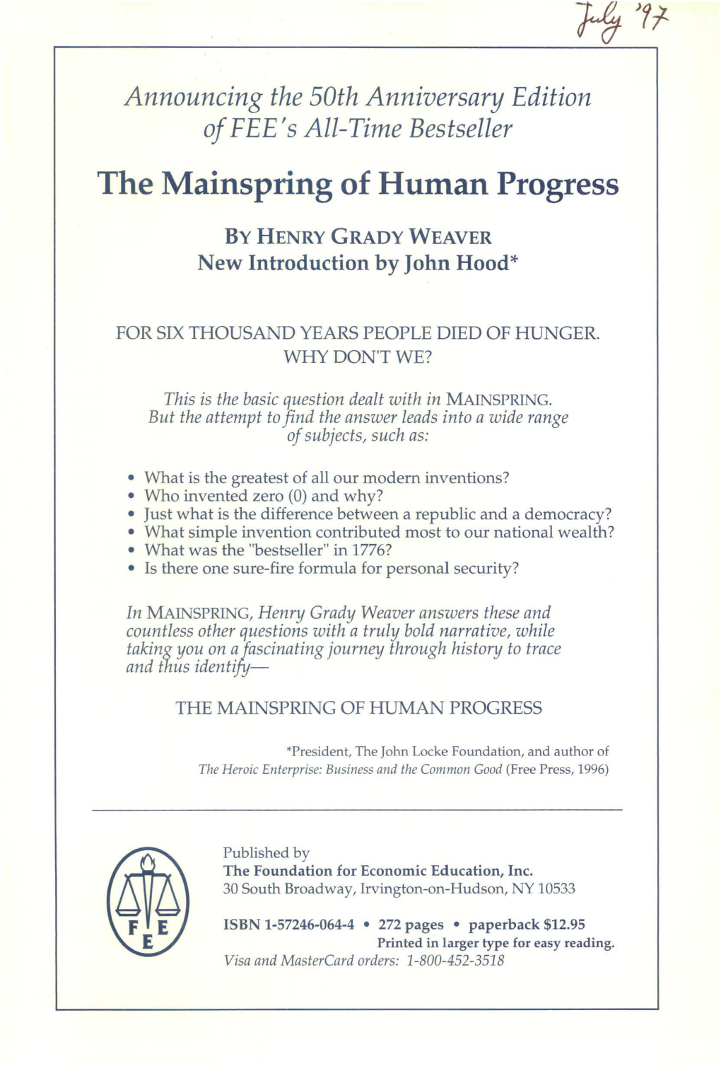 The Mainspring of Human Progress Announcement