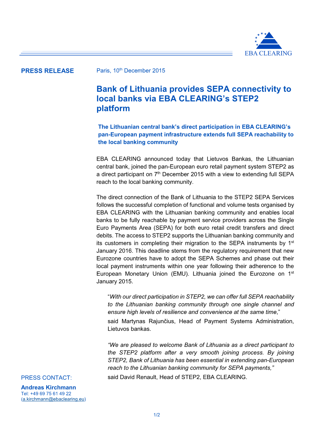 Bank of Lithuania Provides SEPA Connectivity to Local Banks Via EBA CLEARING's STEP2 Platform