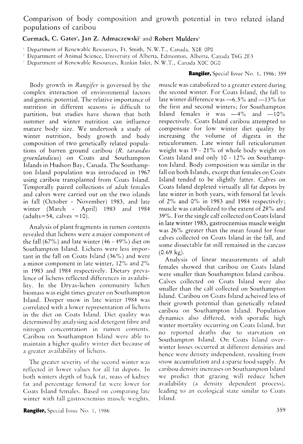 Comparison of Body Composition and Growth .Potential in Two Related Island Populations of Caribou