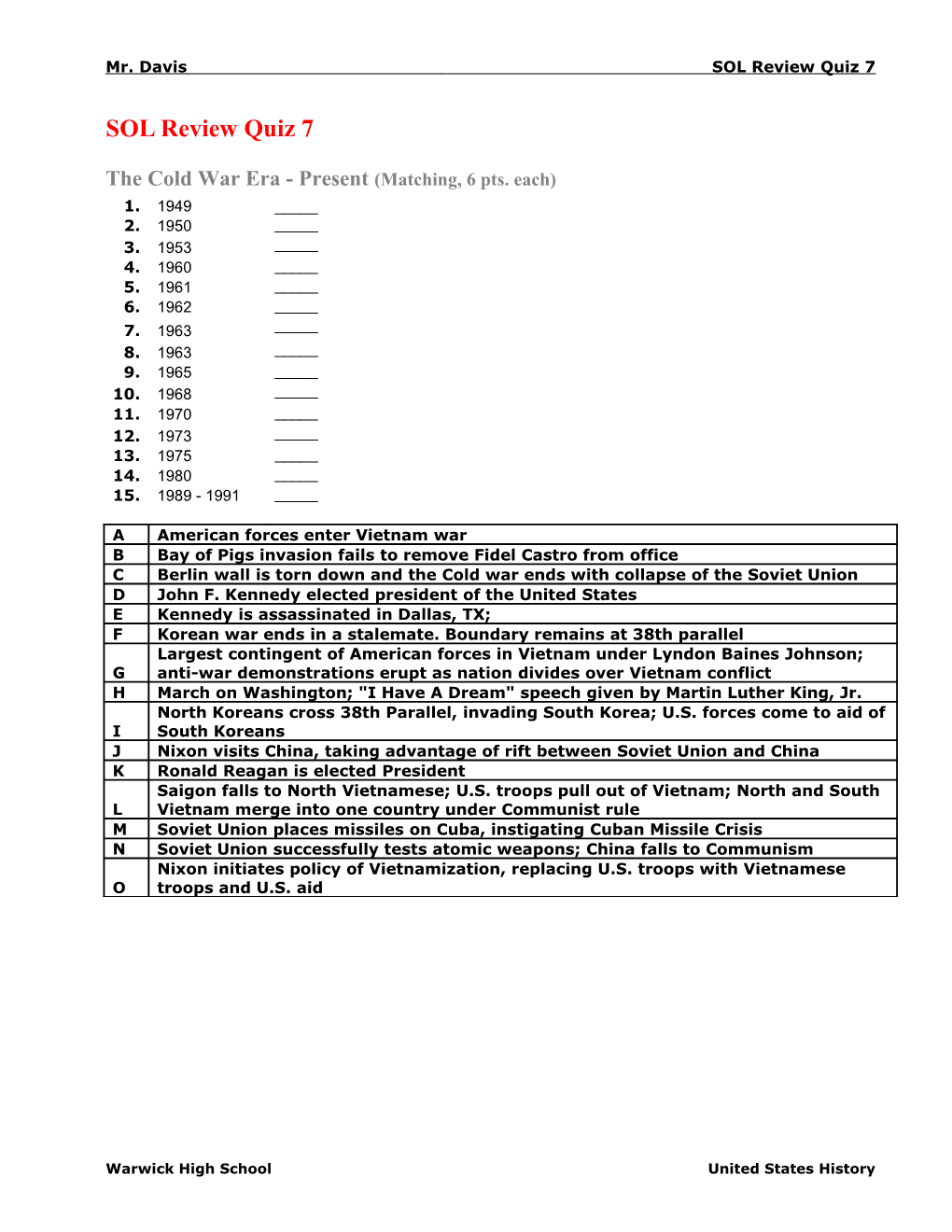 Mr. Davis SOL Review Quiz 7