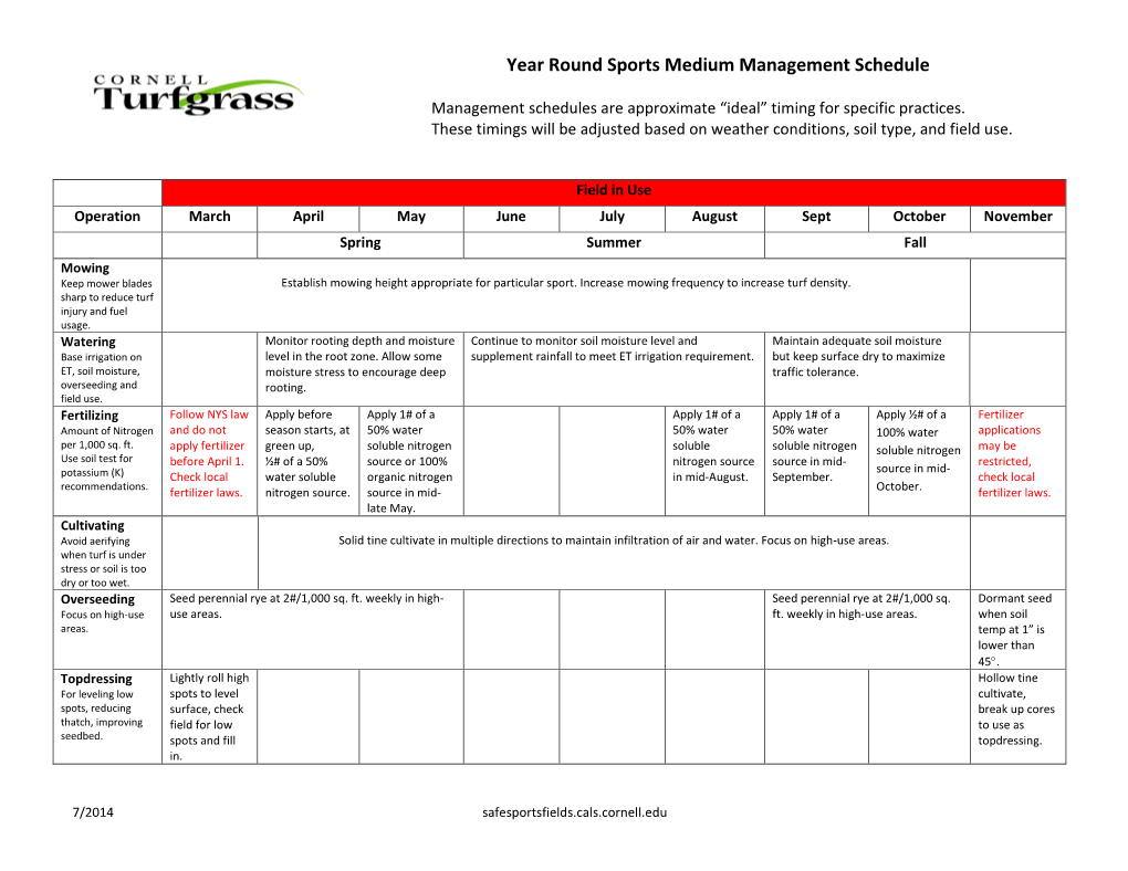 Year Round Sports Medium Management Schedule